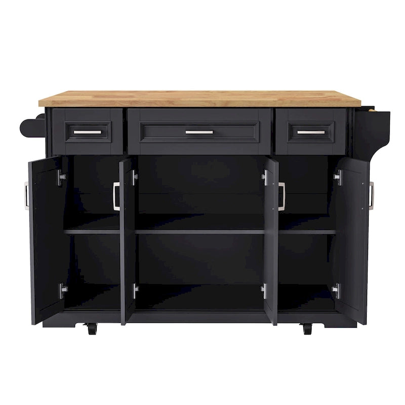 54-Inch Rustic Rolling Kitchen Island with Rubber Wood Drop Leaf, Drawers and Cabinet Storage