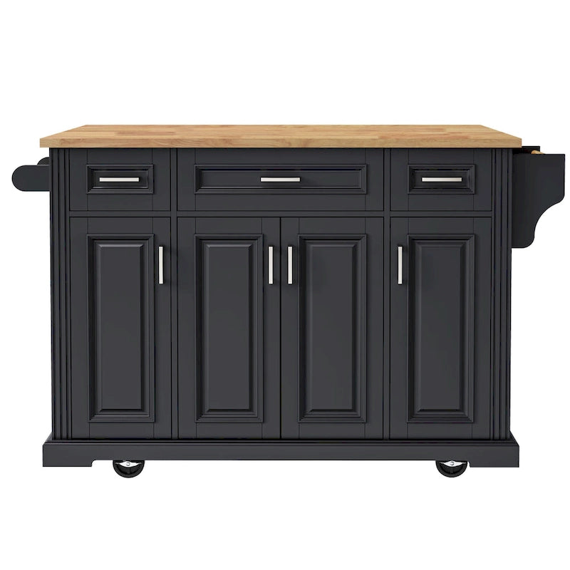 54-Inch Rustic Rolling Kitchen Island with Rubber Wood Drop Leaf, Drawers and Cabinet Storage