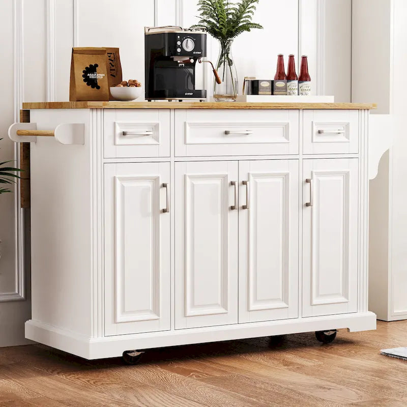 54-Inch Rustic Rolling Kitchen Island with Rubber Wood Drop Leaf, Drawers and Cabinet Storage