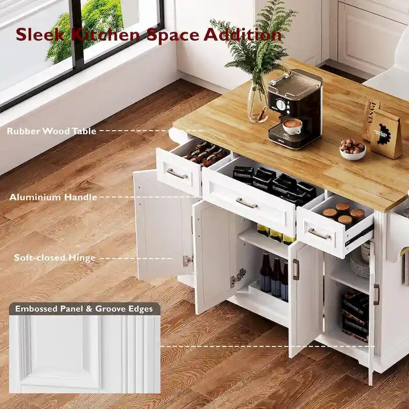 54-Inch Rustic Rolling Kitchen Island with Rubber Wood Drop Leaf, Drawers and Cabinet Storage