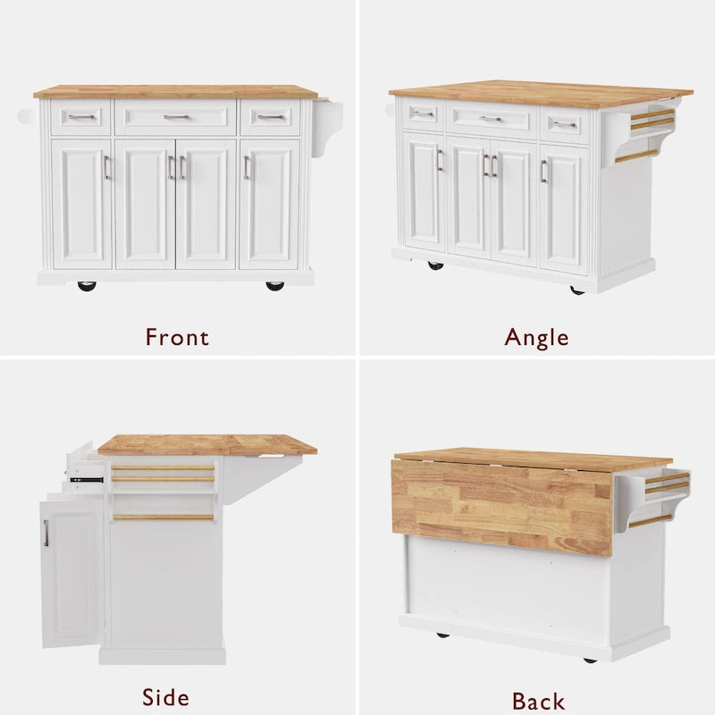 54-Inch Rustic Rolling Kitchen Island with Rubber Wood Drop Leaf, Drawers and Cabinet Storage