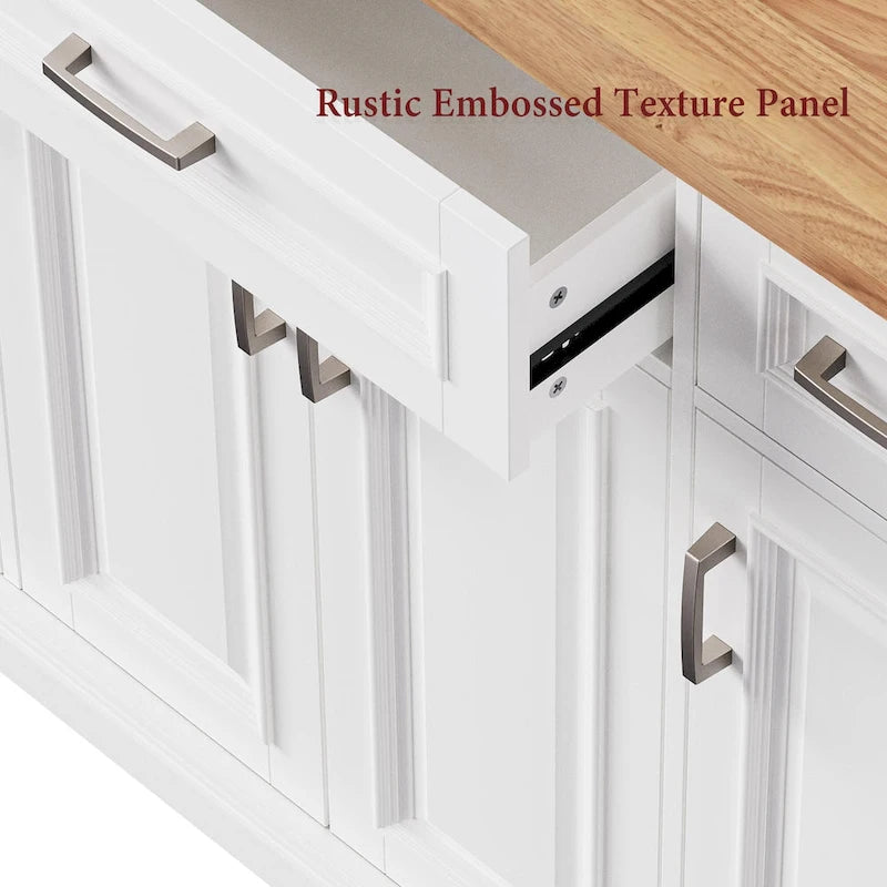 54-Inch Rustic Rolling Kitchen Island with Rubber Wood Drop Leaf, Drawers and Cabinet Storage