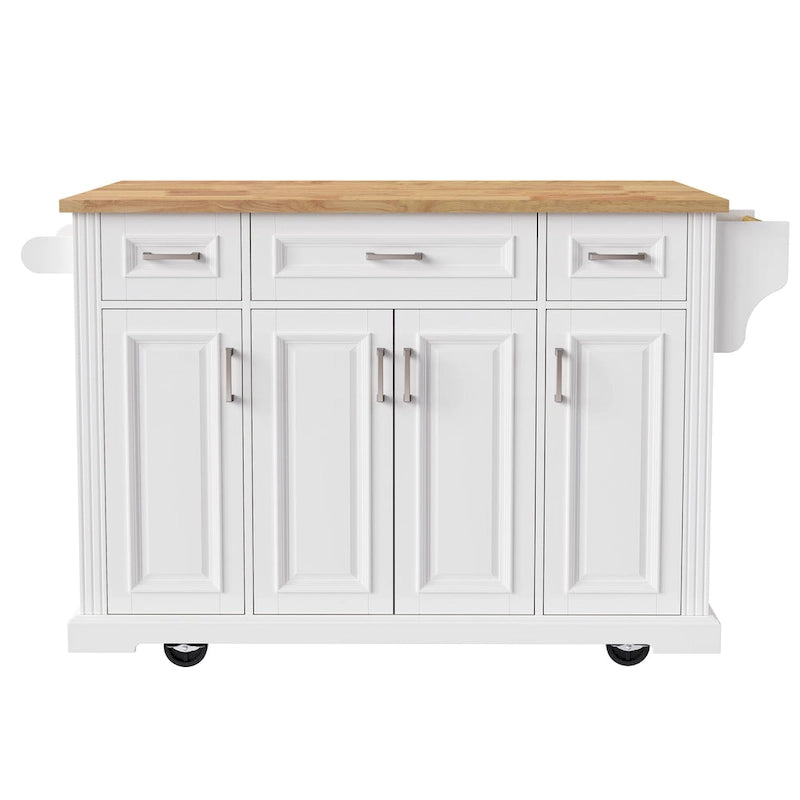 54-Inch Rustic Rolling Kitchen Island with Rubber Wood Drop Leaf, Drawers and Cabinet Storage