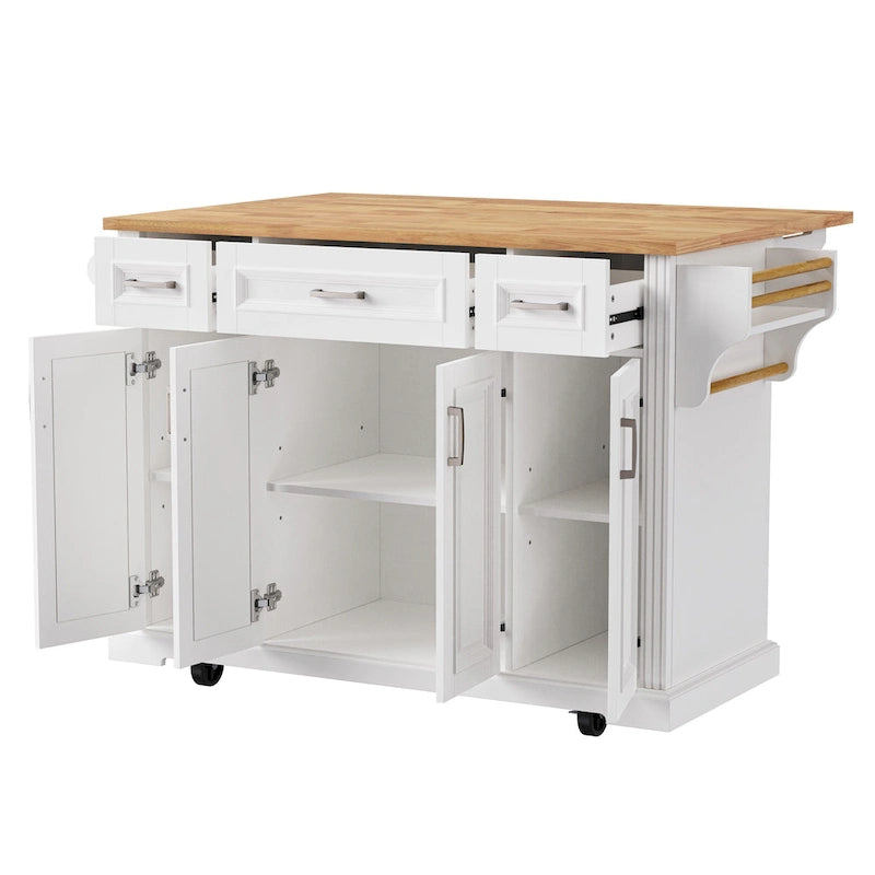 54-Inch Rustic Rolling Kitchen Island with Rubber Wood Drop Leaf, Drawers and Cabinet Storage