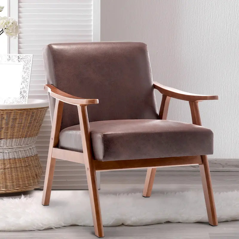 Mid-Century Accent Chair with Curved Arms, Solid Wood Frame and High-Density Cushion