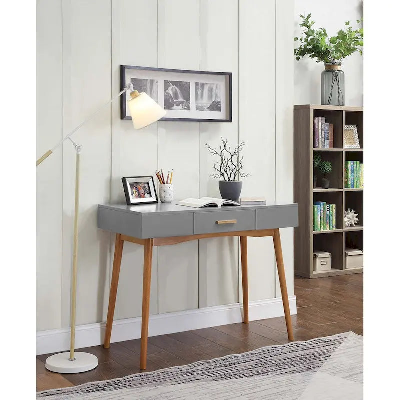 Mid-Century Writing Desk with Drawer, Tapered Wood Legs and Piano Gloss Top