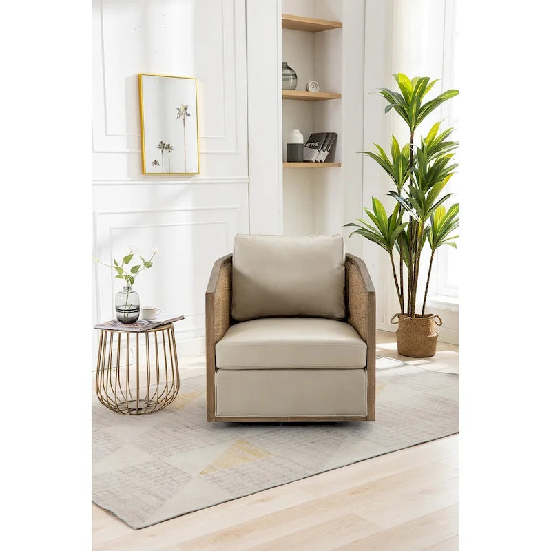 360° Swivel Barrel Accent Chair with Plush Fabric & Rattan Wood Frame
