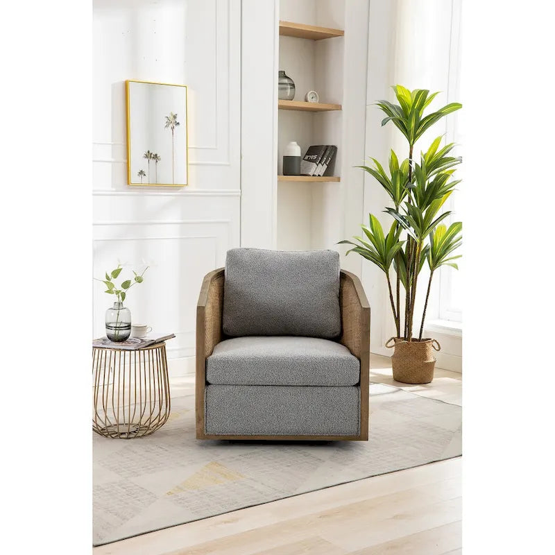 360° Swivel Barrel Accent Chair with Plush Fabric & Rattan Wood Frame