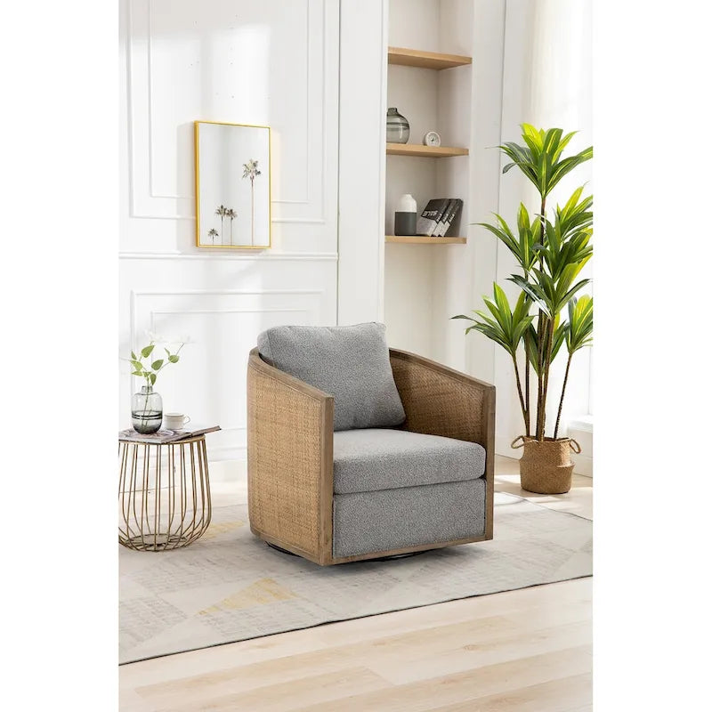 360° Swivel Barrel Accent Chair with Plush Fabric & Rattan Wood Frame