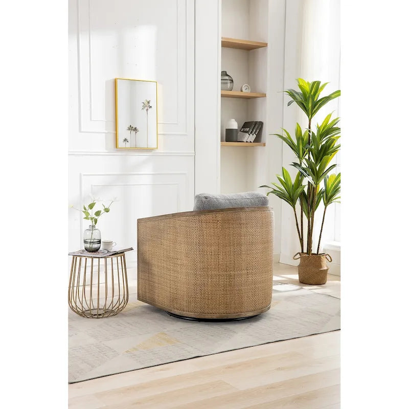 360° Swivel Barrel Accent Chair with Plush Fabric & Rattan Wood Frame