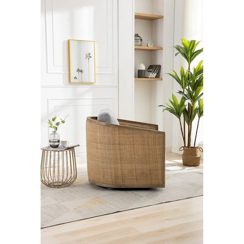 360° Swivel Barrel Accent Chair with Plush Fabric & Rattan Wood Frame