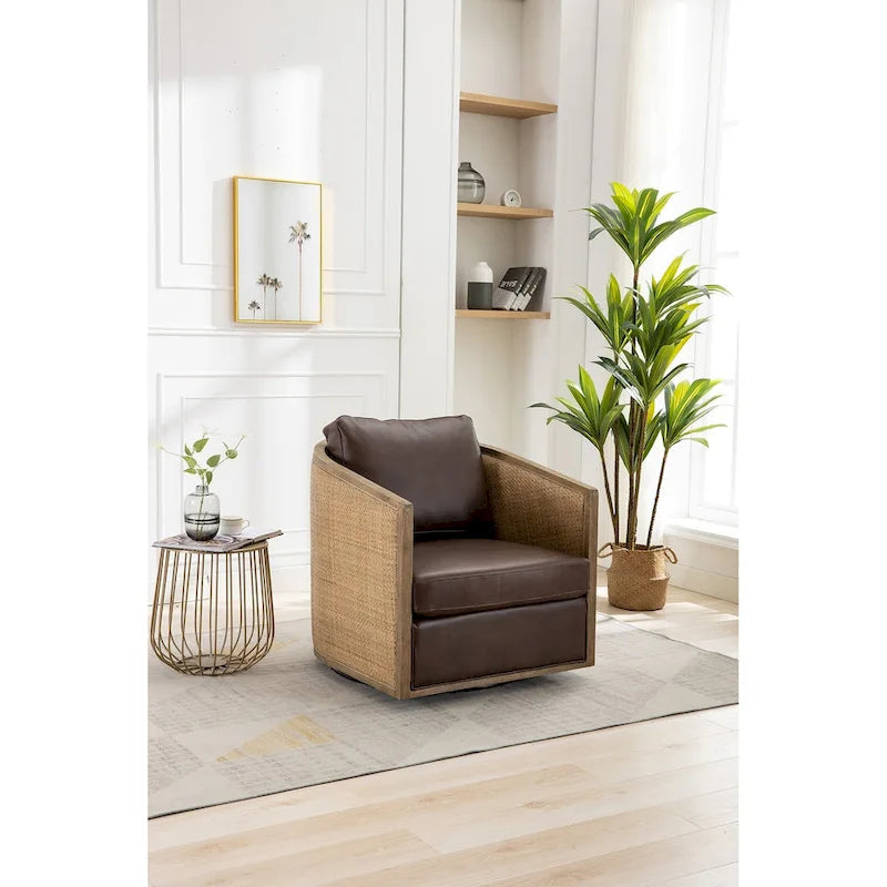 360° Swivel Barrel Accent Chair with Plush Fabric & Rattan Wood Frame