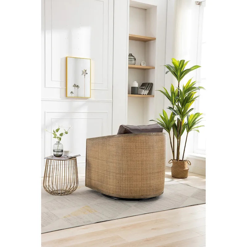 360° Swivel Barrel Accent Chair with Plush Fabric & Rattan Wood Frame