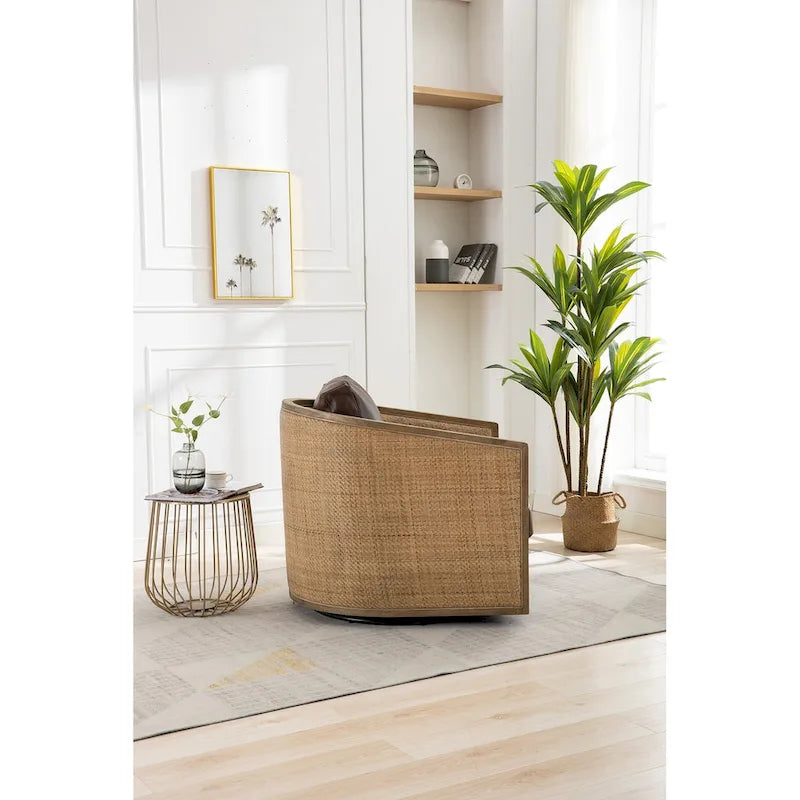 360° Swivel Barrel Accent Chair with Plush Fabric & Rattan Wood Frame