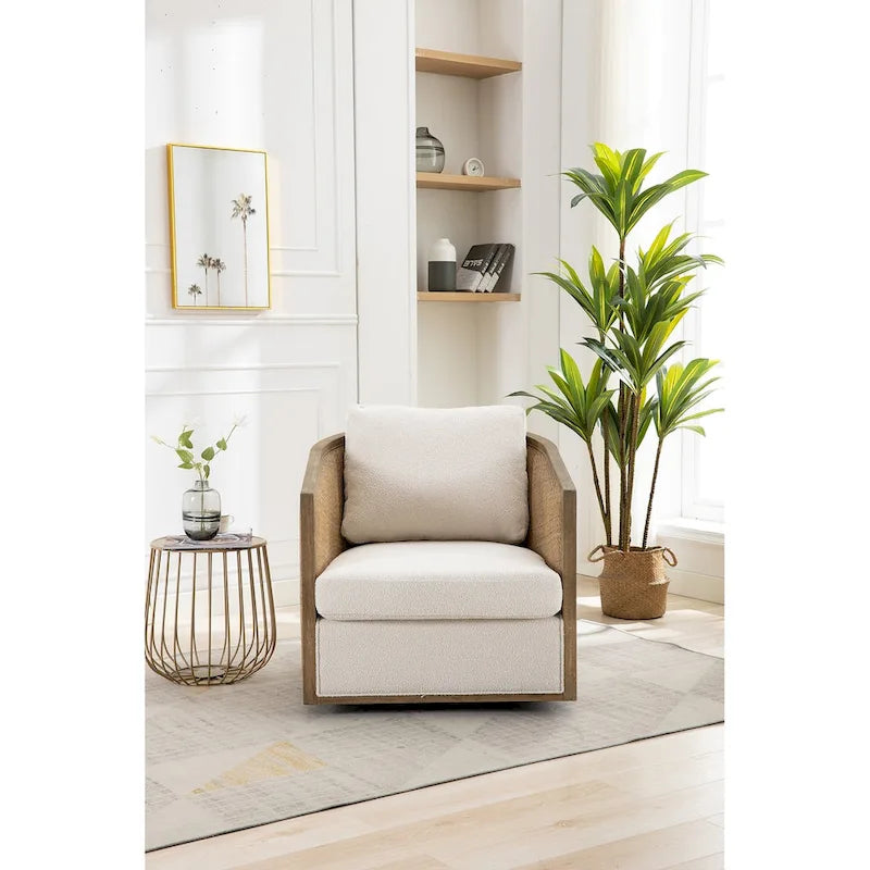 360° Swivel Barrel Accent Chair with Plush Fabric & Rattan Wood Frame
