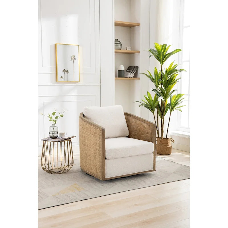 360° Swivel Barrel Accent Chair with Plush Fabric & Rattan Wood Frame