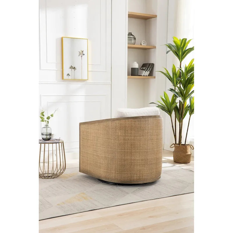 360° Swivel Barrel Accent Chair with Plush Fabric & Rattan Wood Frame