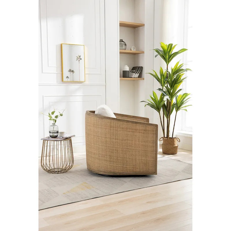 360° Swivel Barrel Accent Chair with Plush Fabric & Rattan Wood Frame