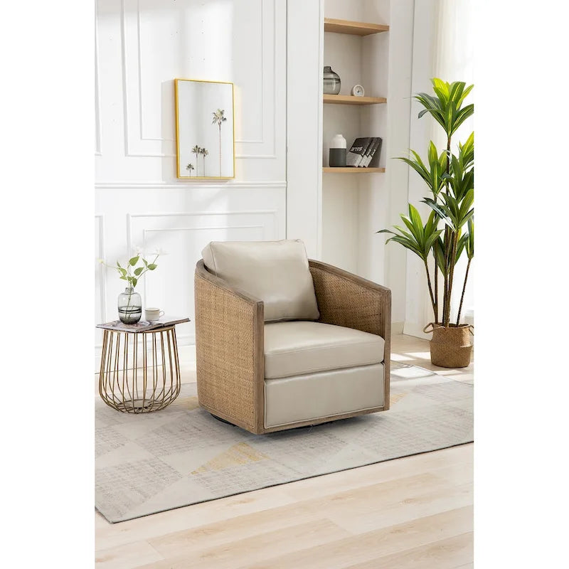 360° Swivel Barrel Accent Chair with Plush Fabric & Rattan Wood Frame