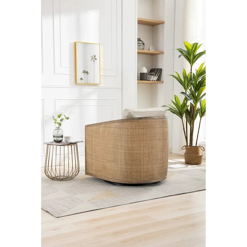 360° Swivel Barrel Accent Chair with Plush Fabric & Rattan Wood Frame
