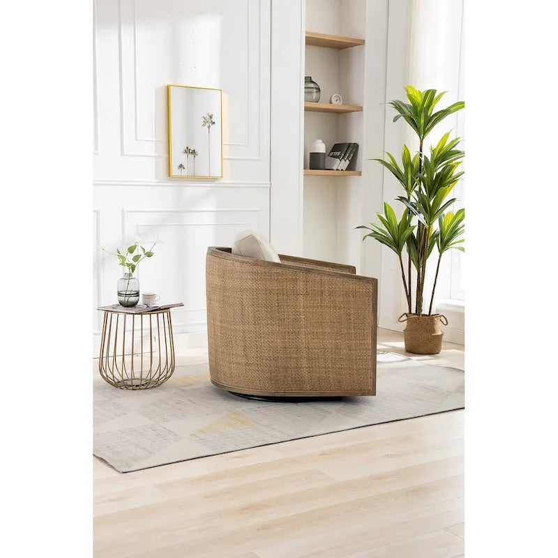 360° Swivel Barrel Accent Chair with Plush Fabric & Rattan Wood Frame