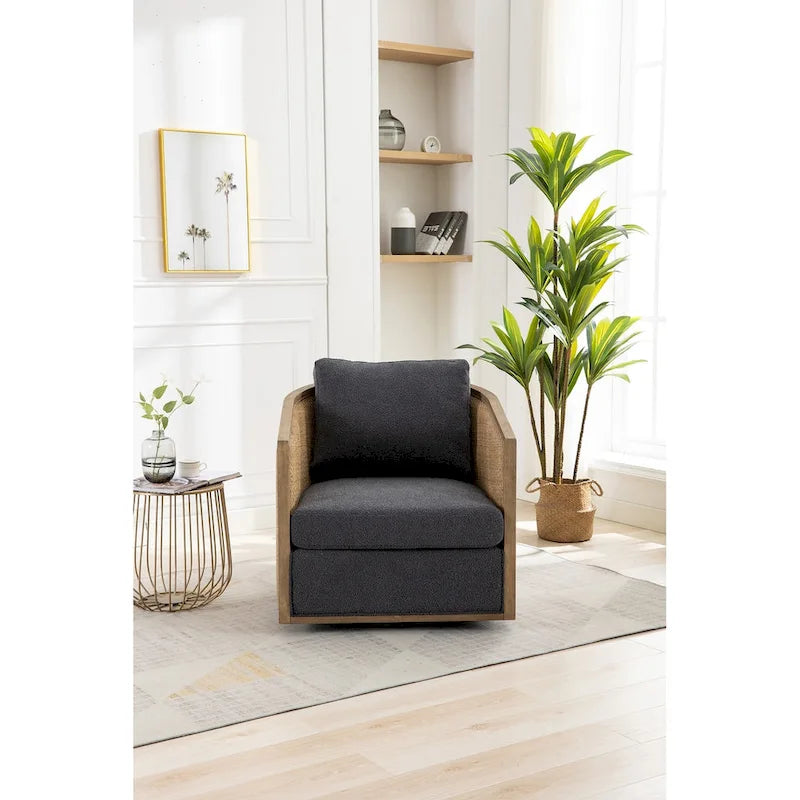 360° Swivel Barrel Accent Chair with Plush Fabric & Rattan Wood Frame