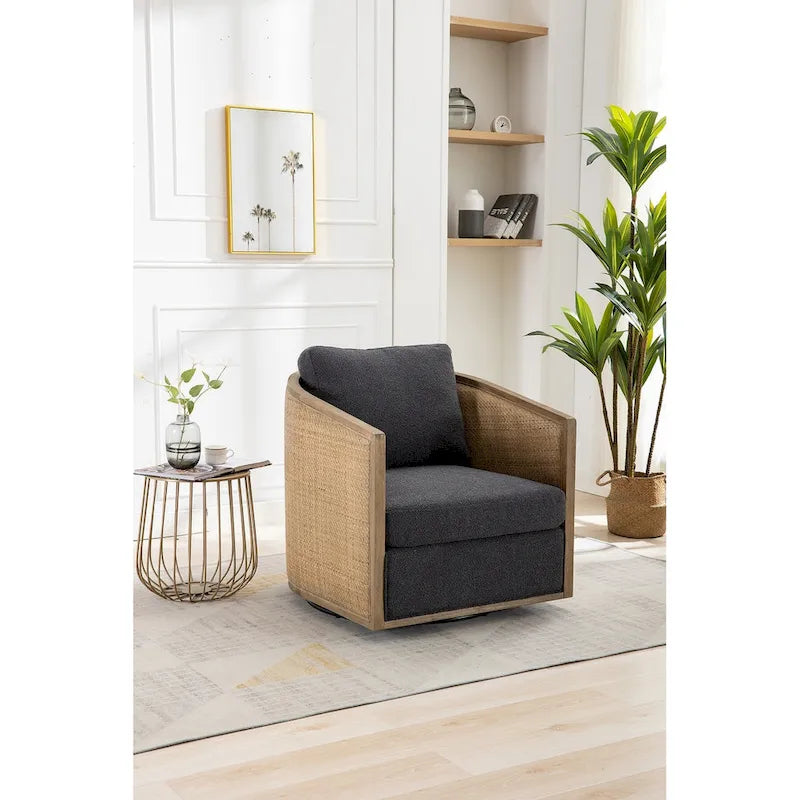 360° Swivel Barrel Accent Chair with Plush Fabric & Rattan Wood Frame