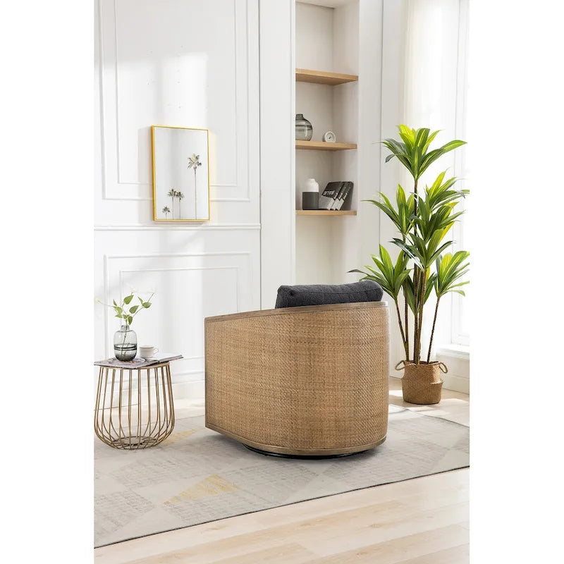 360° Swivel Barrel Accent Chair with Plush Fabric & Rattan Wood Frame