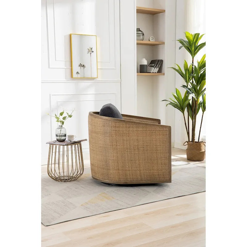 360° Swivel Barrel Accent Chair with Plush Fabric & Rattan Wood Frame