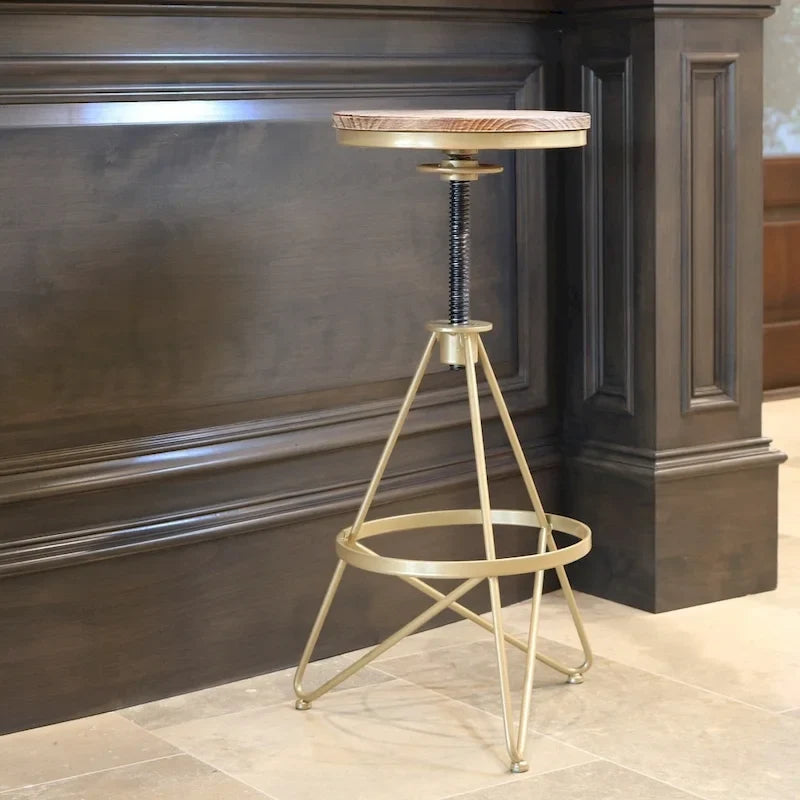 Adjustable Height Bar Stool with Weathered Wood Swivel Seat and Matte Gold Frame
