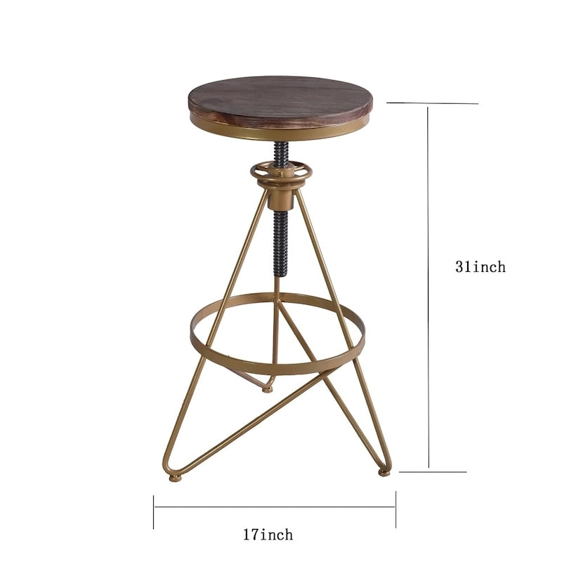 Adjustable Height Bar Stool with Weathered Wood Swivel Seat and Matte Gold Frame