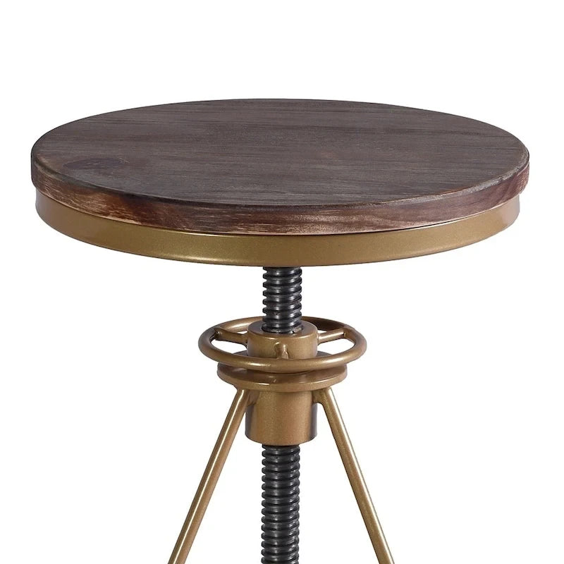 Adjustable Height Bar Stool with Weathered Wood Swivel Seat and Matte Gold Frame