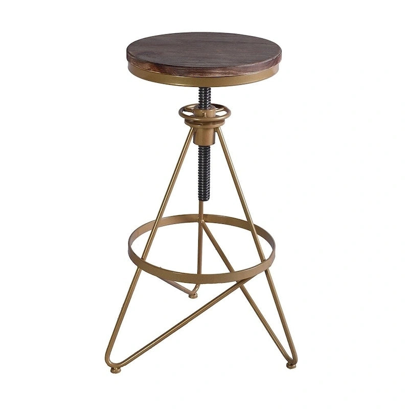 Adjustable Height Bar Stool with Weathered Wood Swivel Seat and Matte Gold Frame