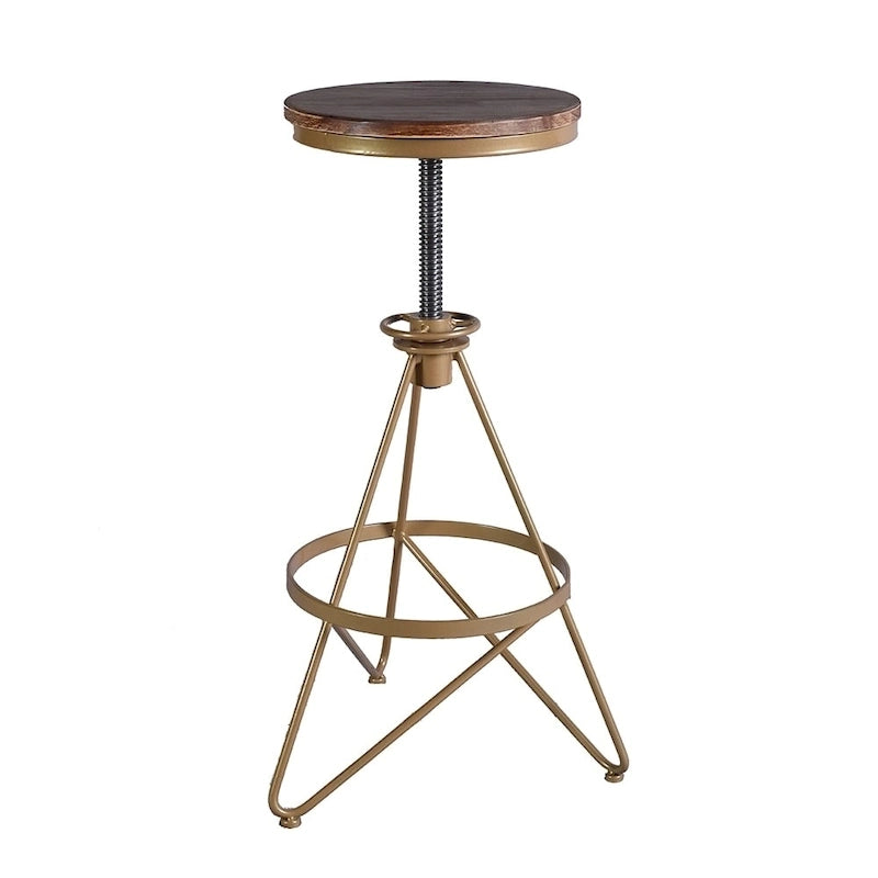 Adjustable Height Bar Stool with Weathered Wood Swivel Seat and Matte Gold Frame