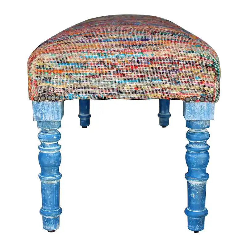 Rainbow Stripe Upholstered Bench with Blue Legs for Bedroom and Entryway