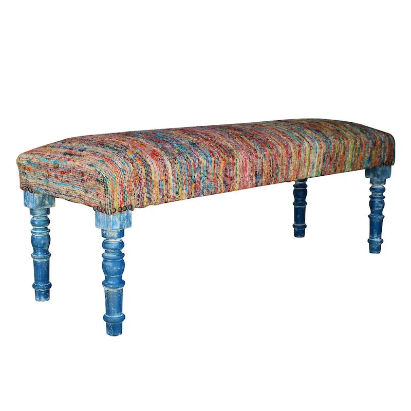 Rainbow Stripe Upholstered Bench with Blue Legs for Bedroom and Entryway