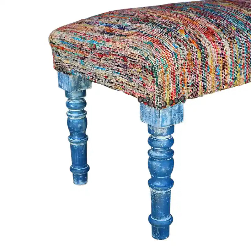 Rainbow Stripe Upholstered Bench with Blue Legs for Bedroom and Entryway