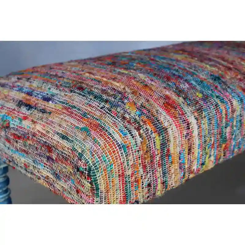 Rainbow Stripe Upholstered Bench with Blue Legs for Bedroom and Entryway