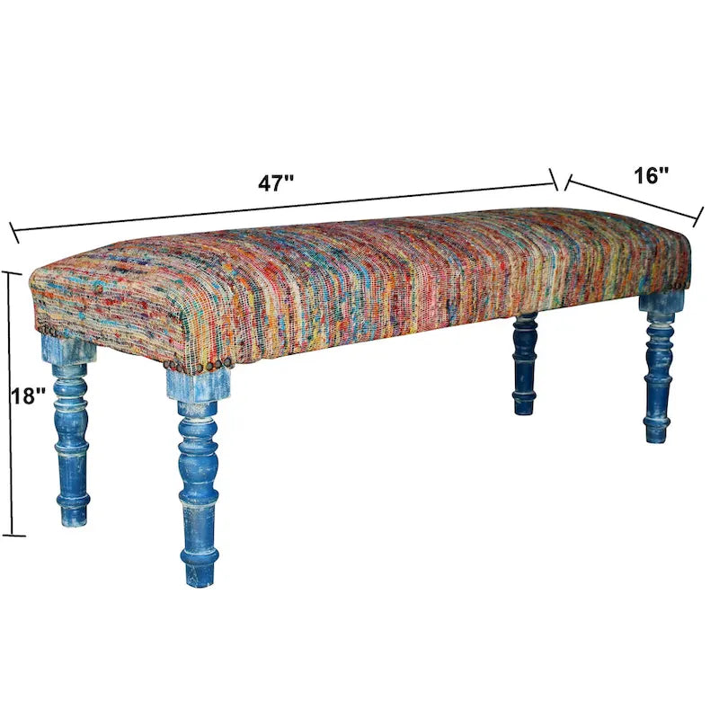 Rainbow Stripe Upholstered Bench with Blue Legs for Bedroom and Entryway