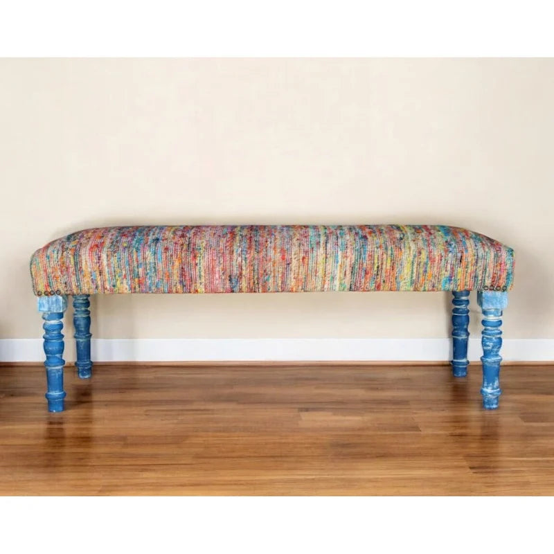Rainbow Stripe Upholstered Bench with Blue Legs for Bedroom and Entryway