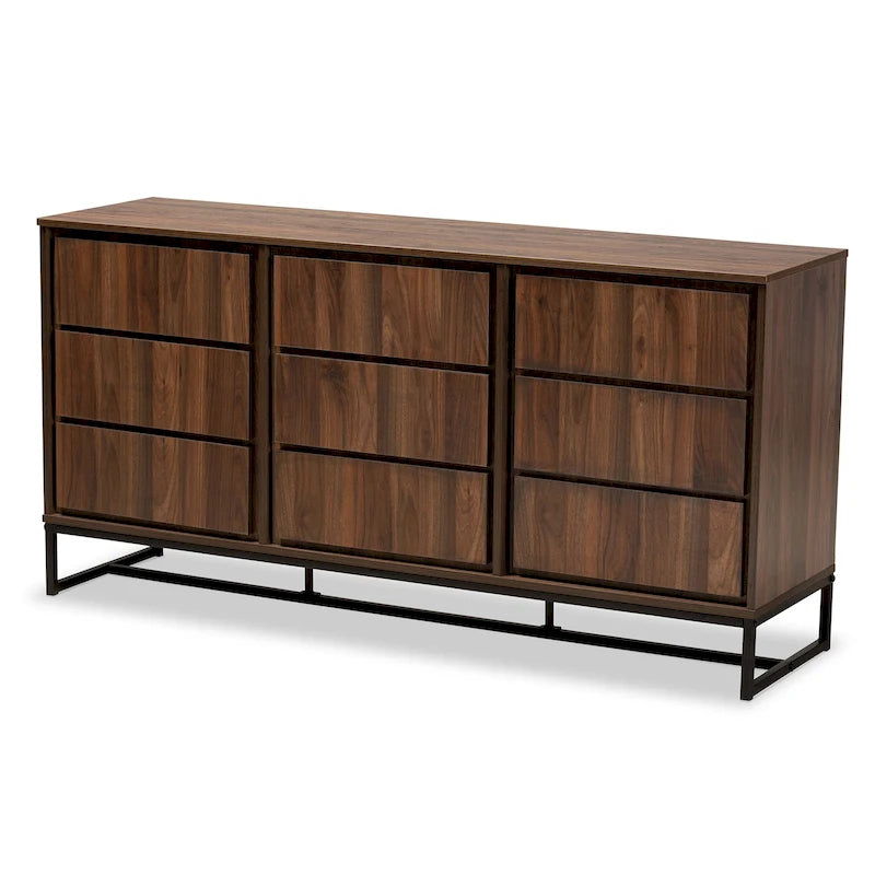 59-Inch Modern 3-Door Sideboard Buffet with Walnut Wood Top and Black Metal Base