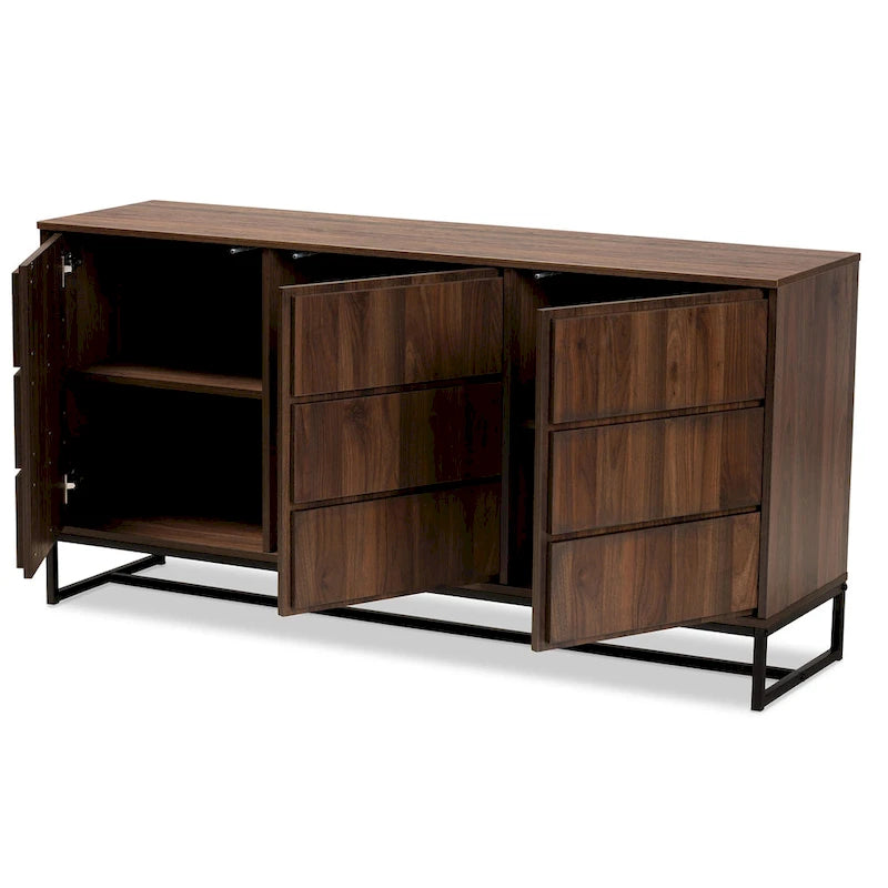 59-Inch Modern 3-Door Sideboard Buffet with Walnut Wood Top and Black Metal Base