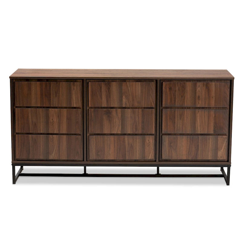 59-Inch Modern 3-Door Sideboard Buffet with Walnut Wood Top and Black Metal Base
