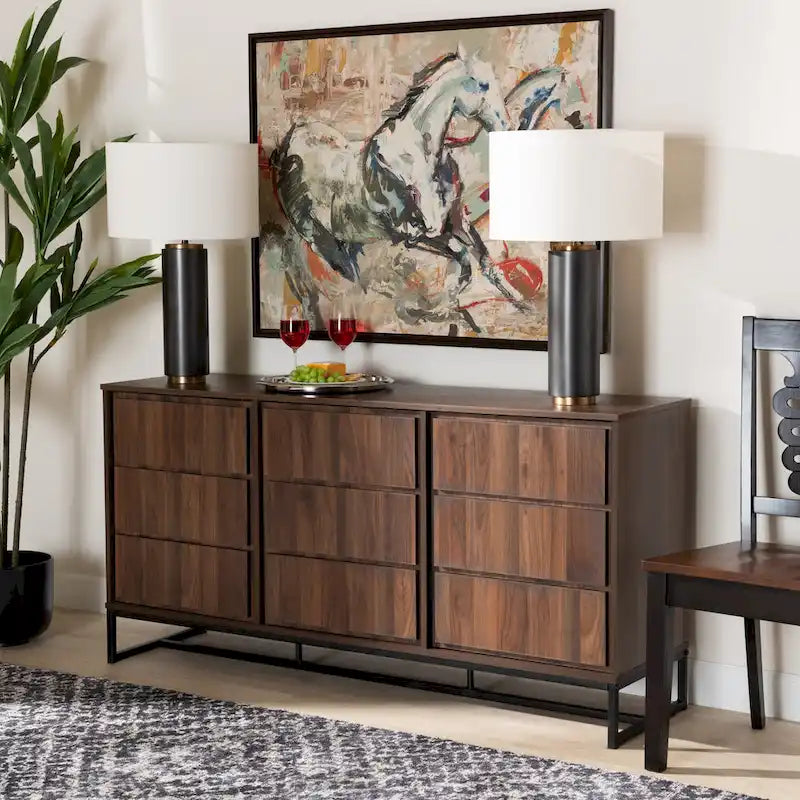 59-Inch Modern 3-Door Sideboard Buffet with Walnut Wood Top and Black Metal Base