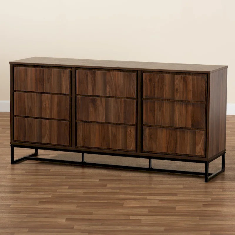 59-Inch Modern 3-Door Sideboard Buffet with Walnut Wood Top and Black Metal Base