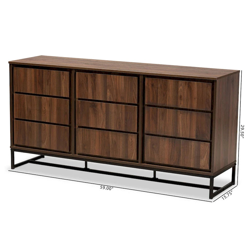 59-Inch Modern 3-Door Sideboard Buffet with Walnut Wood Top and Black Metal Base