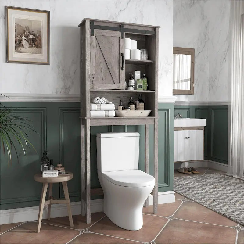 Over-the-Toilet Storage Cabinet with Sliding Door and Adjustable Shelves