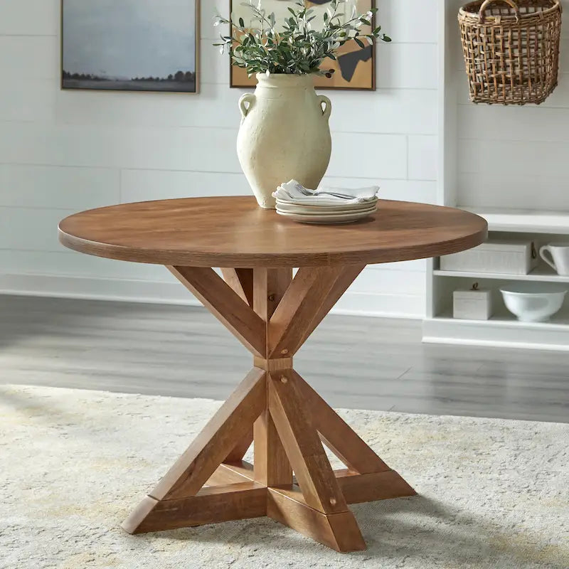 45-Inch Square Pedestal Dining Table with Cross Base — Seats 4, Driftwood or Black Finish