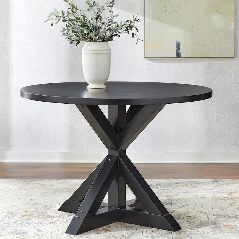 45-Inch Square Pedestal Dining Table with Cross Base — Seats 4, Driftwood or Black Finish