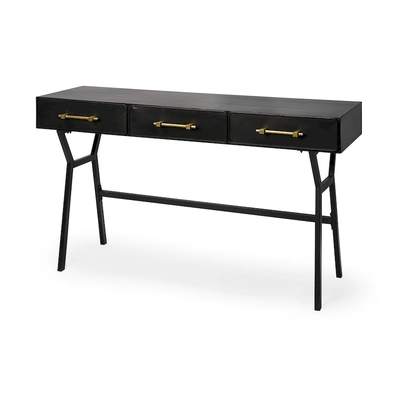 Matte Black Metal Writing Desk with 3 Drawers & Gold-Tone Handles